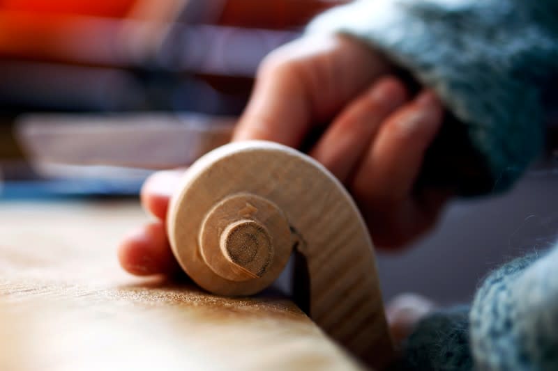 A replica of Antonio Stradivari's 'Huberman' violin in the making is seen at the shop of internationally recognised self-taught craftsman Svetozar Bogdanovski, in Veles