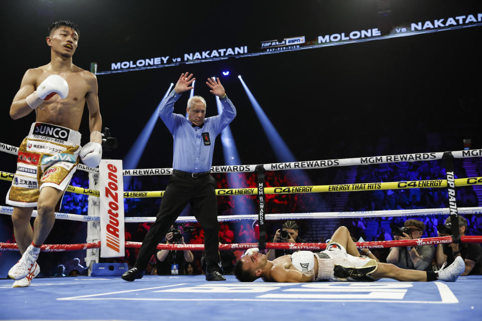 LAS VEGAS, NEVADA - MAY 20: Andrew Moloney of Australia is TKO'd by Junto Nakatani of Japan during their junior bantamweight bout at MGM Grand Garden Arena on May 20, 2023 in Las Vegas, Nevada. (Photo by Sarah Stier/Getty Images)