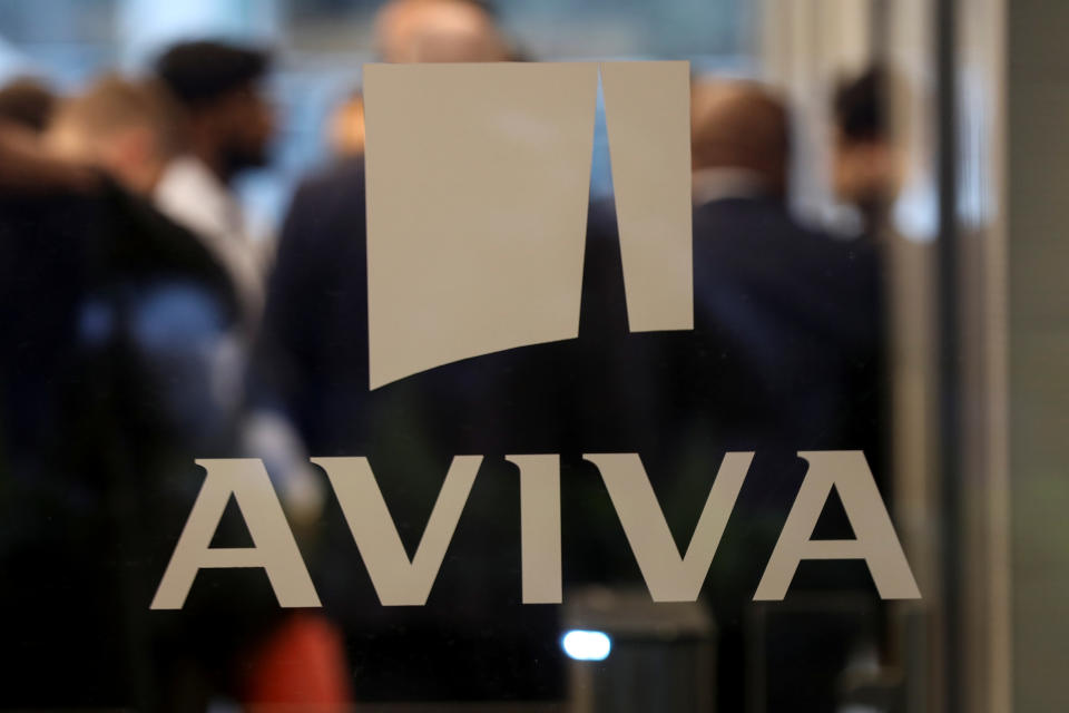 An Aviva logo sits on the window of the company head office in the city of London, Britain March 7, 2019. REUTERS/Simon Dawson