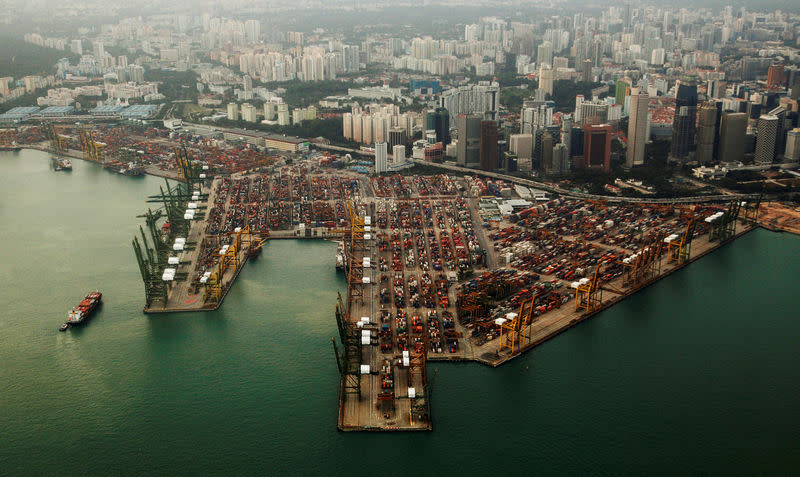 An aerial view of shipping containers stacked at the port of Singapore. (File photo: Reuters/Edgar Su)