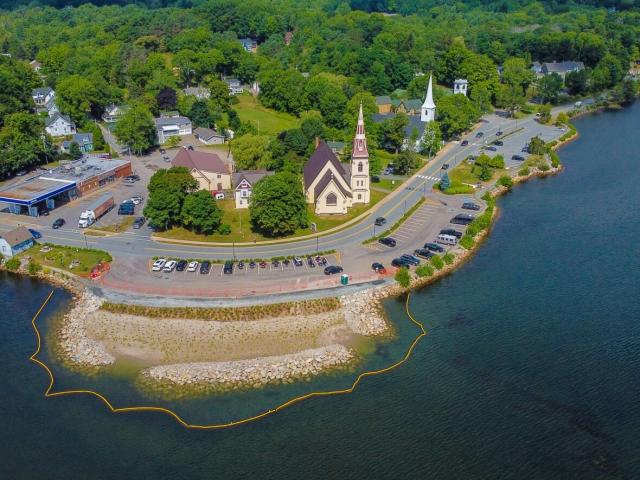 The living shoreline is located in front of the iconic three churches of Mahone Bay on Nova Scotia's South Shore. (Coastal Action - image credit)