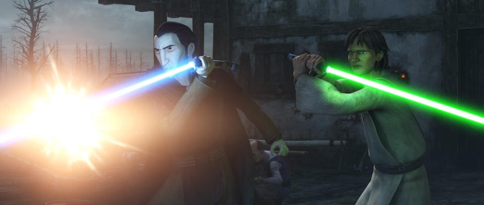 Count Dooku (Crey Burton) and Qui-Gon Jinn (Micheál Richardson) in Tales of the Jedi. (Image: Disney+) 