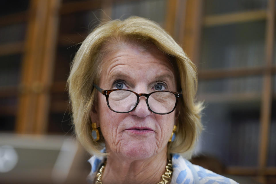 Senator Shelley Moore Capito, R-W.Va., asks question during a Senate Rules and Administration Committee hearing to examine the Electoral Count Act, Wednesday, Aug. 3, 2022, on Capitol Hill in Washington. (AP Photo/Mariam Zuhaib)