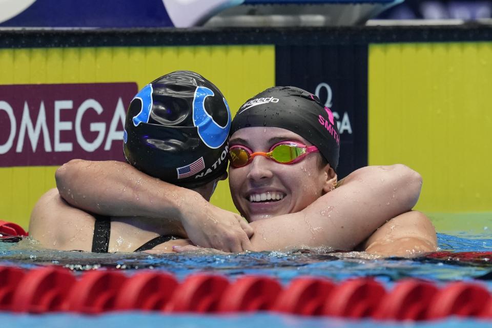 Regan Smith and Alex Shackell after the Women's 200 butterfly finals Thursday, June 20, 2024, at the US Swimming Olympic Trials in Indianapolis. (AP Photo/Darron Cummings)