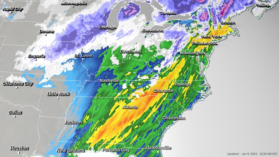 A forecast model shows where heavy rain and snow is expected through Wednesday. - cnnweather