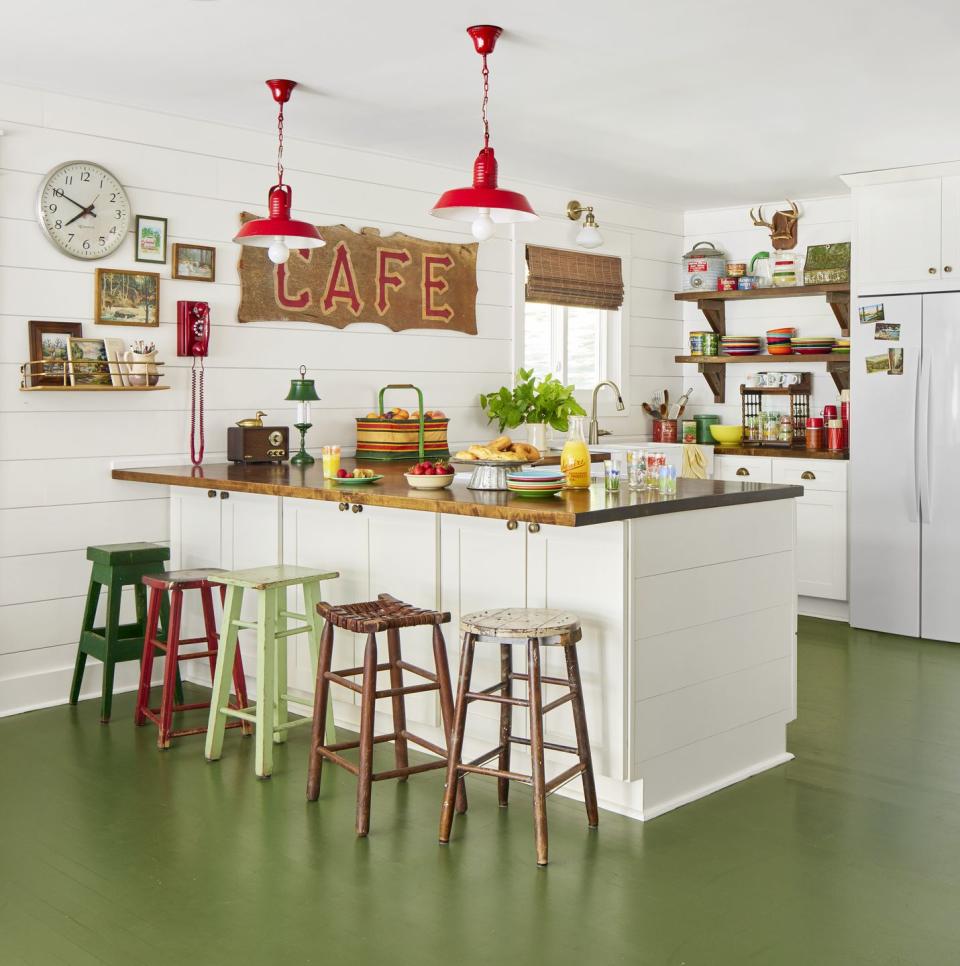 nostalgic lake cabin kitchen with green floor