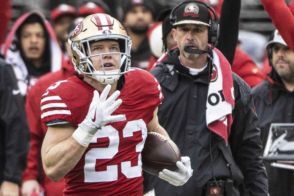 <p>UPI/Alamy Live News</p> Christian McCaffrey and Kyle Shanahan