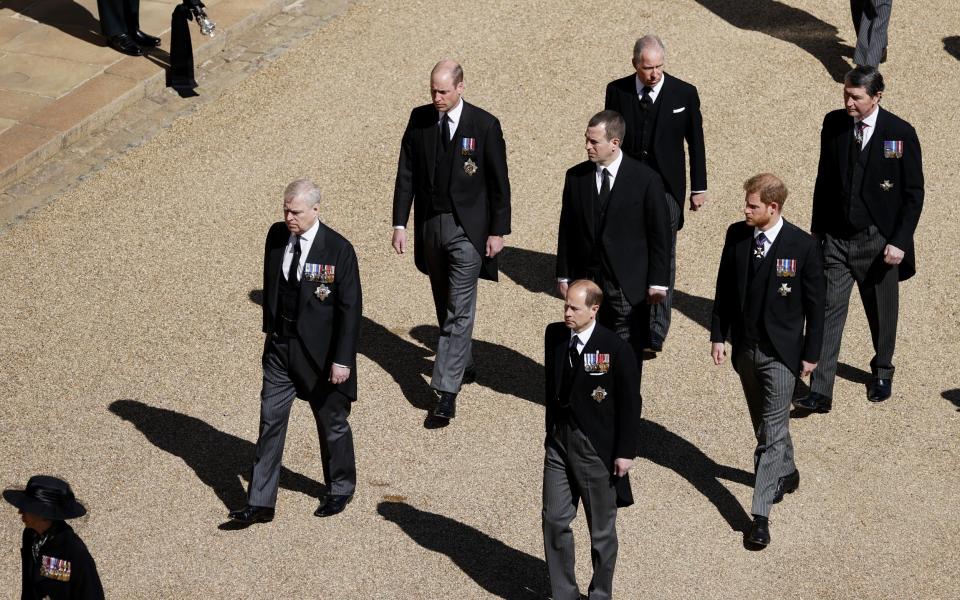 Prince Andrew, Prince Edward, Prince William, Peter Phillips, Prince Harry, David Armstrong-Jones and Vice-Admiral Sir Timothy Laurence follow the coffin - Adrian Dennis/WPA Pool/Getty Images