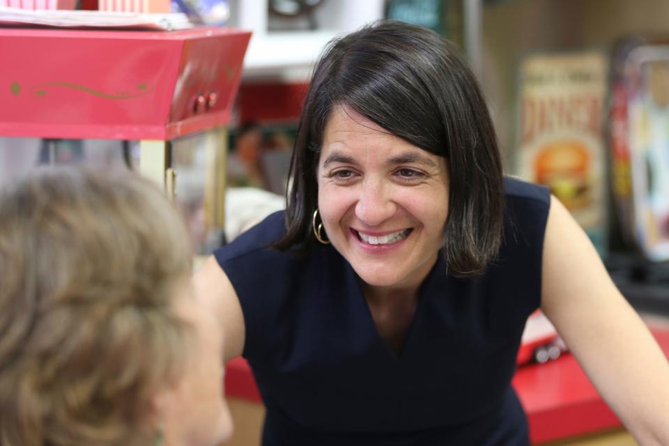 Vermont state Sen. Becca Balint, who is seeking the Democratic Party nomination to run for Vermont's vacant U.S. House seat, speaks to voters in Colchester on July 24, 2022. The Vermont primary is Aug. 9. The incumbent, Rep. Peter Welch, is running for the U.S. Senate.