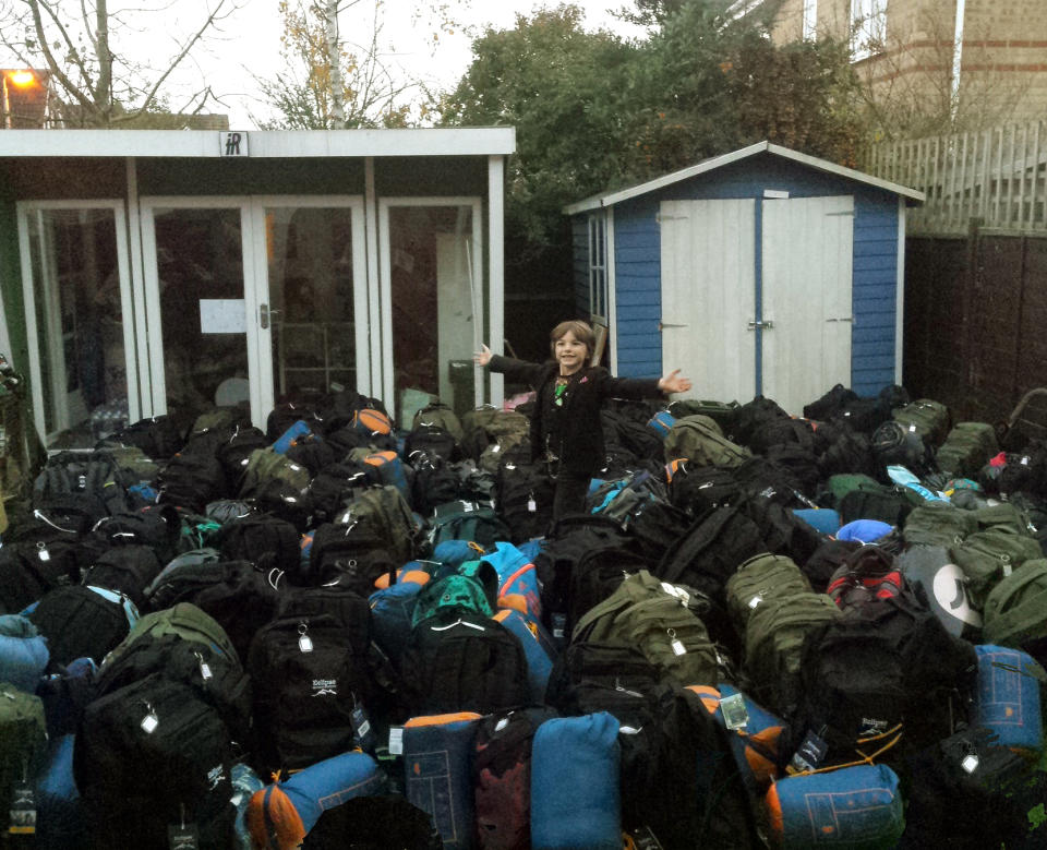 Jacob with the backpacks he made last year to give to rough sleepers in Essex