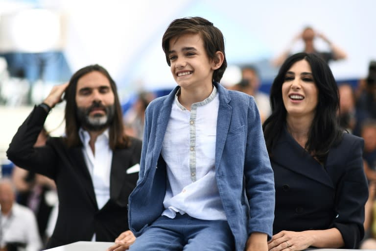 Lebanese producer Khaled Mouzanar, Syrian actor Zain al-Rafeea and Lebanese director and actress Nadine Labaki at the Cannes Film Festival