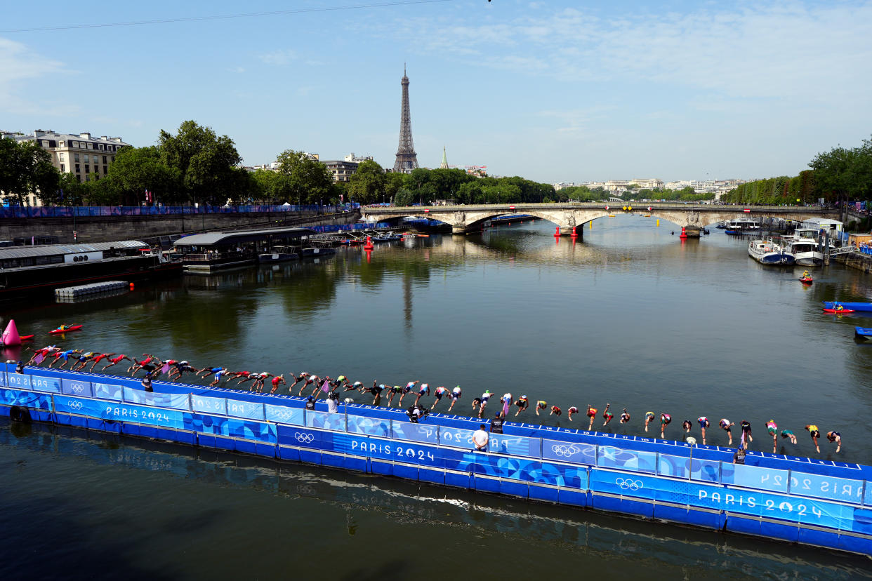 A general view at the start of the Men's Individual Triathlon at the Pont Alexandre III on the fifth day of the 2024 Paris Olympic Games in France. Picture date: Wednesday July 31, 2024. (Photo by David Davies/PA Images via Getty Images)