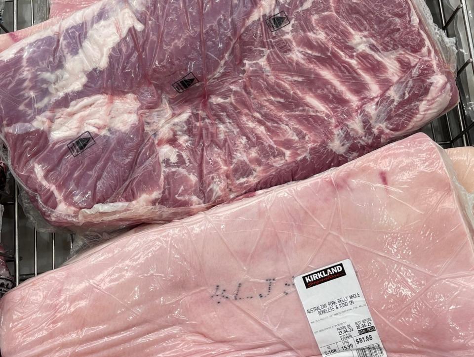 Fresh pork belly for sale at Costco in Sydney Australia