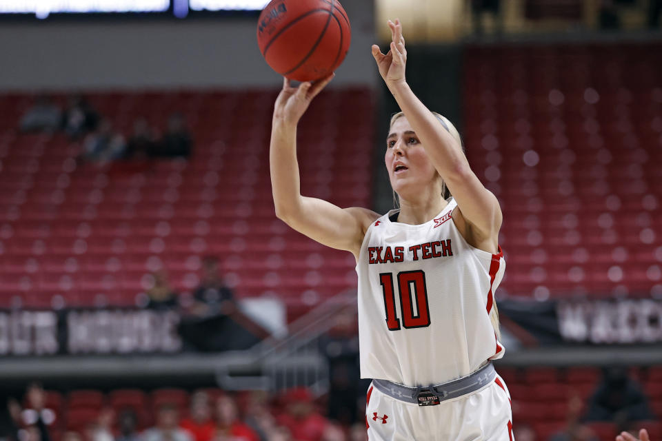 Texas Tech's Bryn Gerlich (10) shoots during the second half of an NCAA college basketball game against Baylor, Wednesday, Jan. 26, 2022, in Lubbock, Texas. (AP Photo/Brad Tollefson)