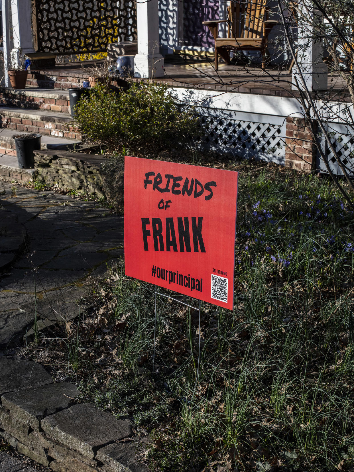 A sign in a yard supporting Frank Sanchez, the principal of Columbia High School, which serves the towns of Maplewood and South Orange, N.J., who has been charged with assault for an encounter that he had with a student a year ago, in South Orange, N.J., March 21, 2024. (Bryan Anselm/The New York Times)