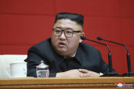 In this photo provided by the North Korean government, North Korean leader Kim Jong Un attends a ruling party meeting in Pyongyang, North Korea, Thursday, Aug. 13 2020. Independent journalists were not given access to cover the event depicted in this image distributed by the North Korean government. The content of this image is as provided and cannot be independently verified. Korean language watermark on image as provided by source reads: "KCNA" which is the abbreviation for Korean Central News Agency. (Korean Central News Agency/Korea News Service via AP)