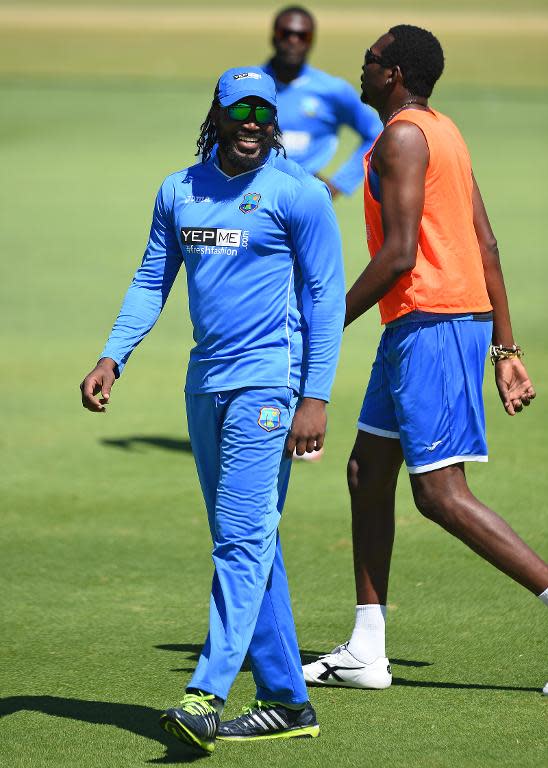 West Indies' Chris Gayle (C), seen during a training session in Perth, on March 5, 2015