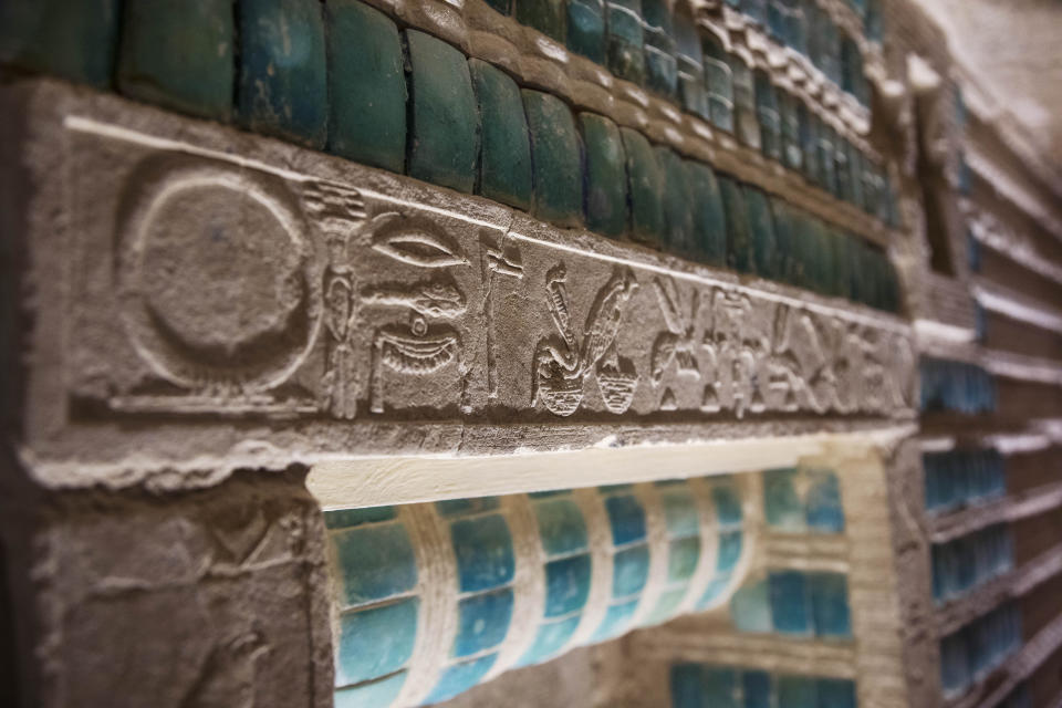 Inscriptions adorn the wall of the southern cemetery of King Djoser, after its restoration, near the famed Step Pyramid, in Saqqara, south of Cairo, Egypt, Tuesday, Sept. 14, 2021. (AP Photo/Nariman El-Mofty)