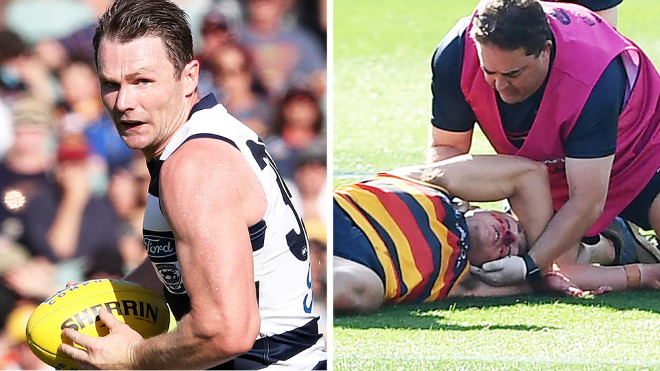 Geelong's Patrick Dangerfield has been suspended for three weeks by the AFL tribunal over a bump that left Adelaide's Jake Kelly concussed. Pictures: Getty Images