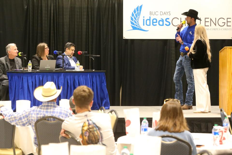 Caleb Thomas and Jordyn Barker answer a question from judges at Texas A&amp;M University-Corpus Christi about a business opportunity Wednesday, April 20, 2022. The two competed in the institution&#39;s Ideas Challenge showcase.