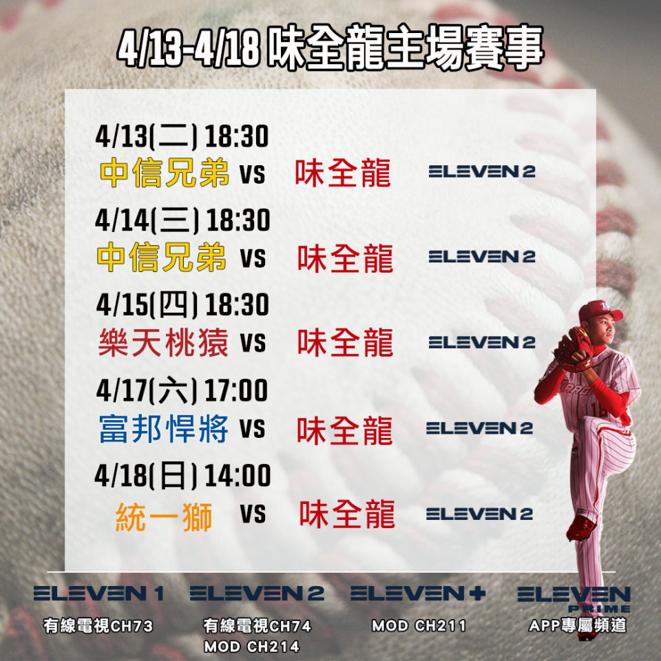 0413-0418味全主場預告。（ELEVEN SPORTS提供）