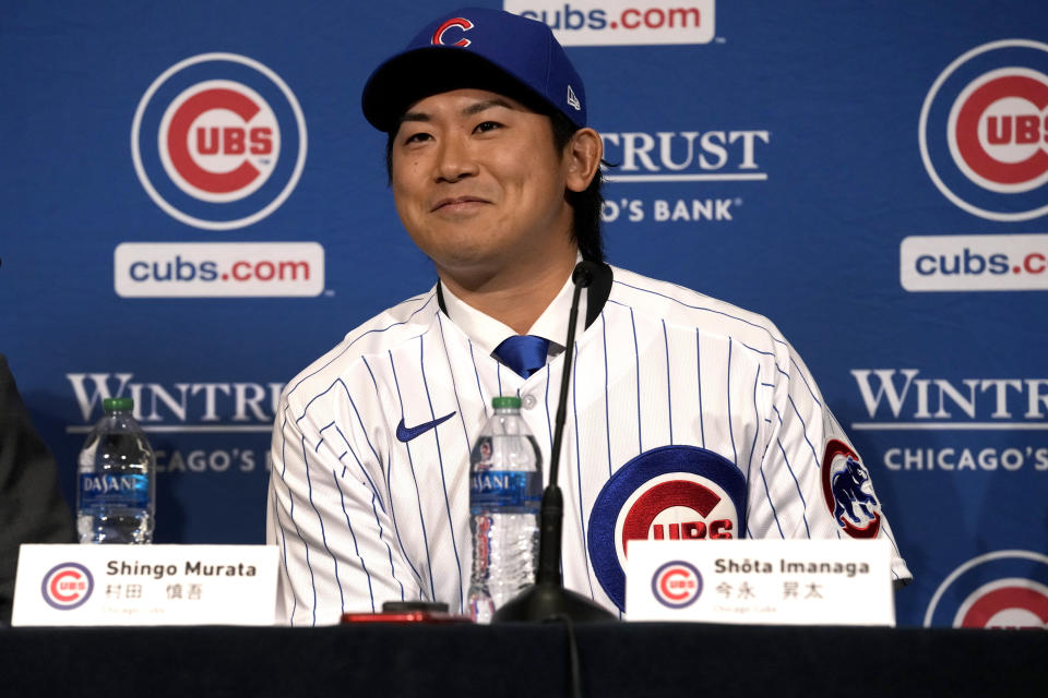 New Chicago Cubs pitcher Shōta Imanaga smiles during a news conference Friday, Jan. 12, 2024, in Chicago. The Japanese left-hander is expected to step right into the baseball team's rotation as it tries to return to the playoffs for the first time since 2020. (AP Photo/Nam Y. Huh)