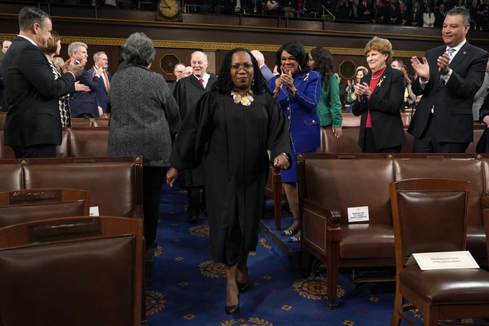 US Supreme Court Justice Ketanji Brown Jackson arrives before President Joe Biden delivers the State of the Union address in the House Chamber of the US Capitol in Washington, DC, on February 7, 2023. (Photo by Jacquelyn Martin / POOL / AFP) (Photo by JACQUELYN MARTIN/POOL/AFP via Getty Images)