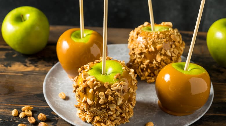 Caramel apples on plate