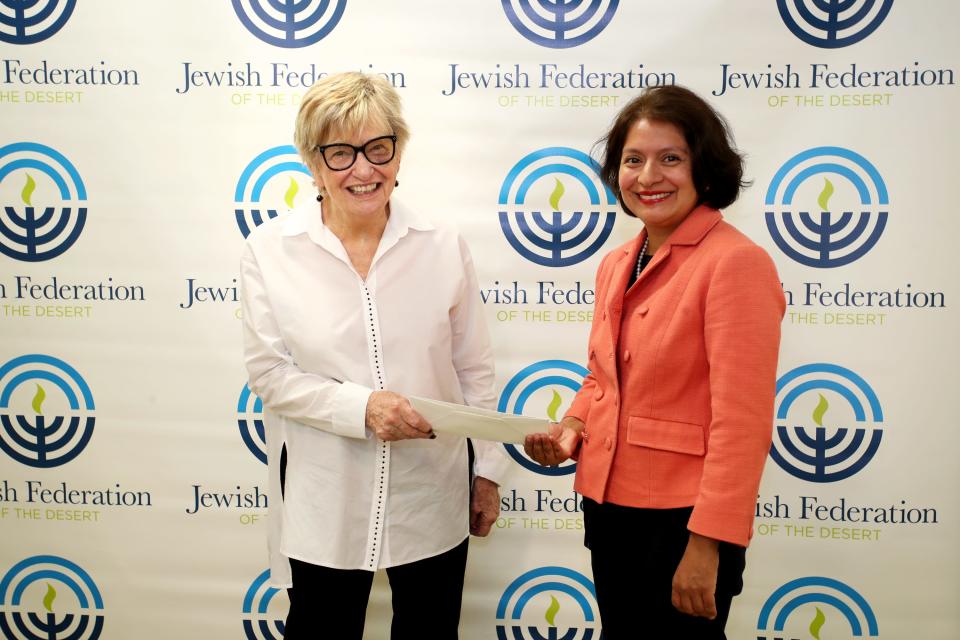 Jewish Federation of the Desert Co-President Cora Ginsberg, left, and Anti-Defamation League Education Director Annie Ortega-Long, during the Grant Distribution Event in Rancho Mirage, Calif., on August 22, 2022. 