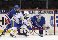 New York Rangers' Igor Shesterkin goalie defends against Buffalo Sabres' Tobias Rieder (13) during the second period of an NHL hockey game Tuesday, March 2, 2021, in New York. (Bruce Bennett/Pool Photo via AP)