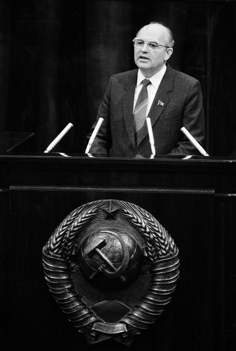 FILE - Soviet President Mikhail Gorbachev addresses the National Parliament, in Moscow, Soviet Union on Wednesday, Nov. 27, 1985. Russian news agencies are reporting that former Soviet President Mikhail Gorbachev has died at 91. The Tass, RIA Novosti and Interfax news agencies cited the Central Clinical Hospital. (AP Photo/Boris Yurchenko, File)