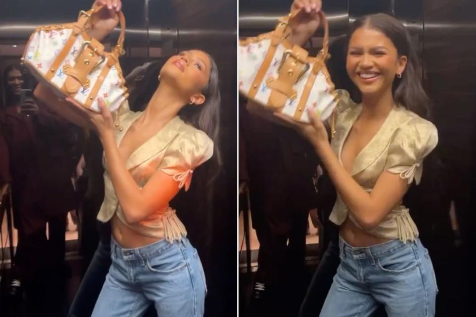 <p>Law Roach/Instagram (2)</p> Zendaya posing with a Louis Vuitton handbag