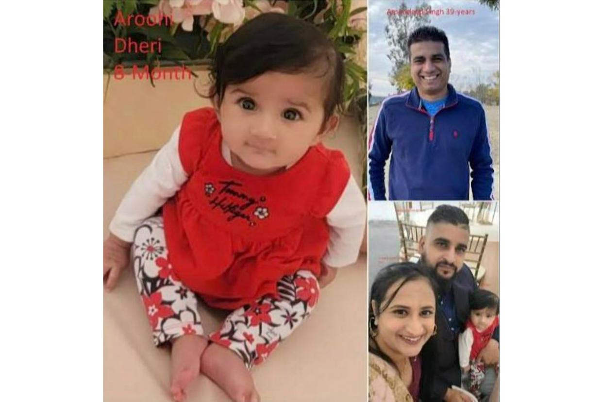 This undated photo shows eight-month-old Aroohi Dheri, her parents, Jasleen Kaur, and Jasdeep Singh, and uncle Amandeep Singh, who were kidnapped from a south Merced, Calif., business Monday night, Oct. 3, 2022. (Merced County Sheriff's Office via AP)