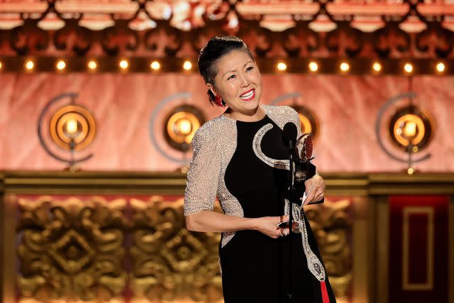 <p>Theo Wargo/Getty</p> Linda Cho wins best costume design of a musical for "The Great Gatsby" on June 16, 2024