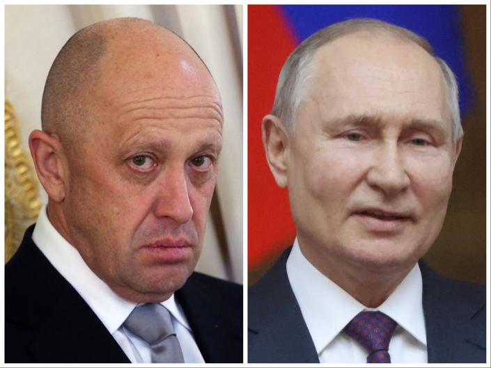 A split image of Wagner Group boss Yevgeny Prigozhin and Russian President Vladimir Putin.