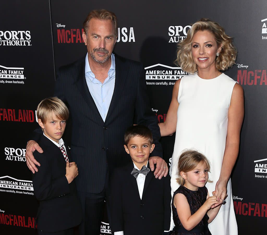 hollywood, ca february 09 actor kevin costner, wife christine baumgartner and children attend the premiere of disneys mcfarland, usa at the el capitan theatre on february 9, 2015 in hollywood, california photo by david livingstongetty images