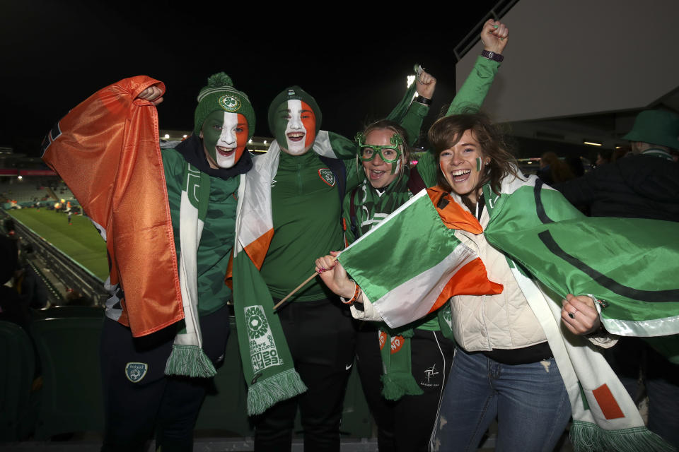 Ireland supporters react before the Women's World Cup Group B soccer match between Canada and Ireland in Perth, Australia, Wednesday, July 26, 2023. (AP Photo/Gary Day)