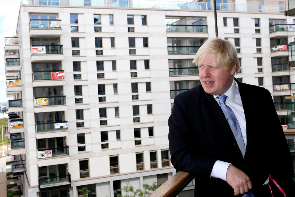 Mayor of London Boris Johnson visits the Olympic Park and Olympic Village in London.