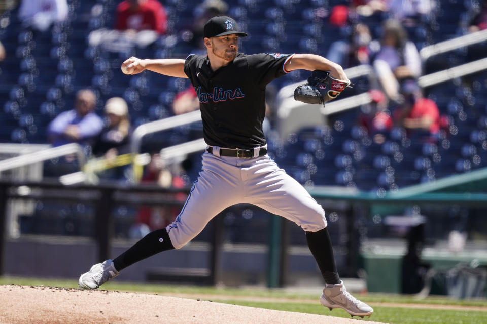 Miami Marlins starting pitcher Paul Campbell throws during the first inning of a baseball game against the Washington Nationals at Nationals Park, Saturday, May 1, 2021, in Washington. (AP Photo/Alex Brandon)