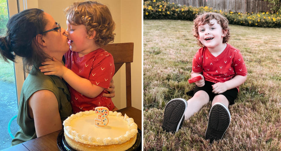 Photo shows James with a birthday cake and sitting on the grass.