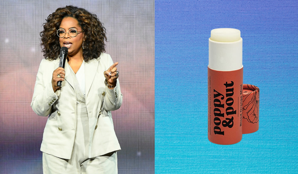 Oprah Winfrey and a Poppy & Pout lip balm, uncapped