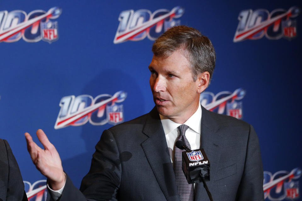 FILE- In this Oct. 15, 2019, file photo, Dr. Allen Sills, the NFL's chief medical officer, speaks during a news conference at the at the football league's fall meeting in Fort Lauderdale, Fla. The league, whose most valuable person in 2020 probably was medical director Dr. Allen Sills, recognizes that while tremendous progress has been made in battling the virus, caution remains crucial. (AP Photo/Wilfredo Lee, File)