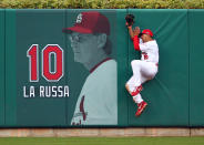 Jon Jay #19 of the St. Louis Cardinals makes a catch against the wall on a ball hit by Danny Espinosa #8 of the Washington Nationals in the sixth inning during Game Two of the National League Division Series at Busch Stadium on October 8, 2012 in St Louis, Missouri. (Photo by Dilip Vishwanat/Getty Images)