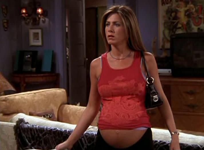 <p>Once we hit the early aughts, pregnant women everywhere were showing off their baby bumps without hesitation. Stretchy dresses and belly-baring tops, like the one Jennifer Aniston wore as Rachel Green on <em>Friends, </em>were the norm for expectant moms in the new millennium.</p>