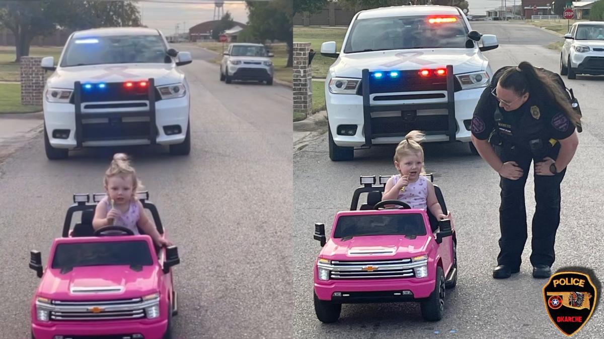 Полицията в Оклахома спира малко дете, шофиращо ярко розово кабриолет