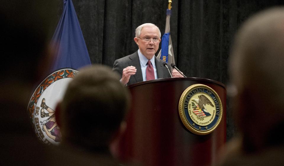 Attorney General Jeff Sessions gestures during a speech before law enforcement officers in Richmond, Va., Wednesday, March 15, 2017. (AP Photo/Steve Helber)