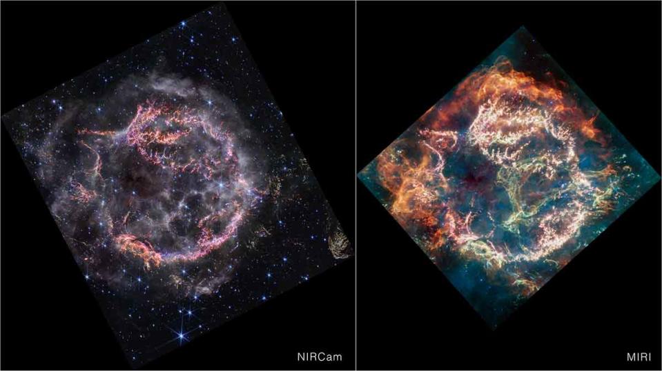 This image provides a side-by-side comparison of supernova remnant Cassiopeia A (Cas A) as captured by NASA’s James Webb Space Telescope’s NIRCam (Near-Infrared Camera) and MIRI (Mid-Infrared Instrument). <em>Credits: NASA, ESA, CSA, STScI, Danny Milisavljevic (Purdue University), Ilse De Looze (UGent), Tea Temim (Princeton University)</em>