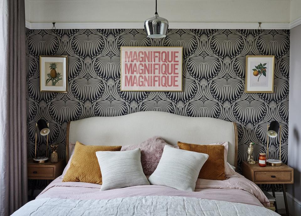 bedroom with farrow ball metallic wallpaper