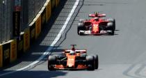 Formula One - F1 - Azerbaijan Grand Prix - Baku, Azerbaijan - June 24, 2017. Ferrari's Kimi Raikkonen (back) and McLaren-Honda's Fernando Alonso drive during the third practice session. REUTERS/David Mdzinarishvili