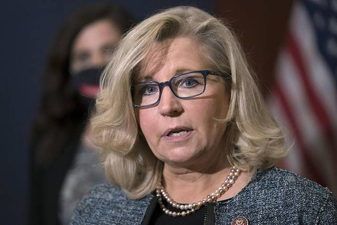 In this April 20, 2021, photo, House Republican Conference Chair Rep. Liz Cheney, R-Wyo., speaks to reporters after a GOP meeting at the Capitol in Washington. (J. Scott Applewhite | AP Photo)